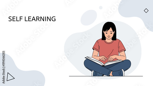 Young Woman Studying Book Self Learning Concept Minimalist Flat Design