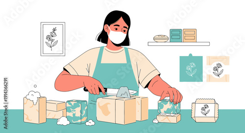 Woman making soap at home, flat illustration, crafting homemade cosmetics
