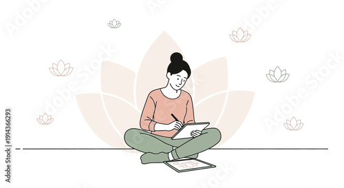 Woman Meditating and Drawing in Lotus Pose with Floral Background