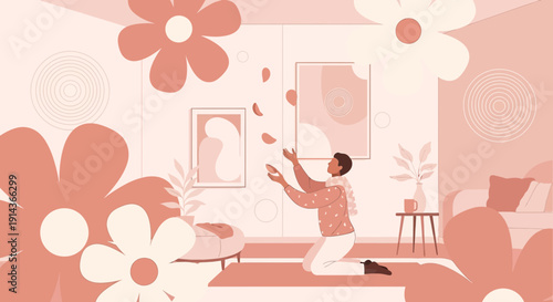 Woman meditating in a room filled with abstract flowers and soft pink tones