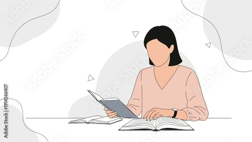 Woman reading a book, studying, learning, minimalist illustration, white background