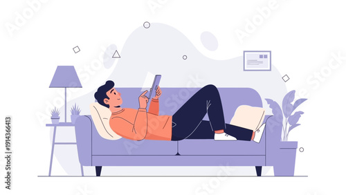 Man relaxing on sofa with tablet, modern living room illustration