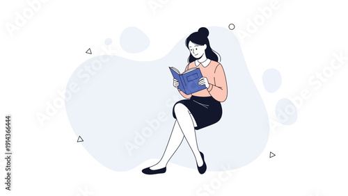 Young Woman Reading Book Sitting Relaxed on White Background