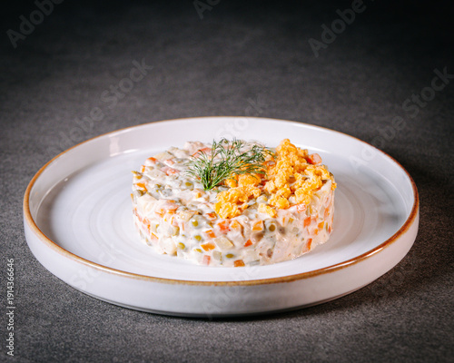 Fotografie Plated vegetable salad with chopped egg and dark copy space