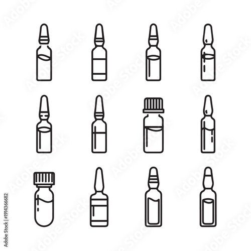 Medical Ampoule Collection Vector Icons Line Art, Healthcare Pharmacy Bottles Set