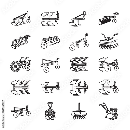 Farm Plow Equipment Icons Set: Tiller, Cultivator, Harrow, and More Agricultural Tools