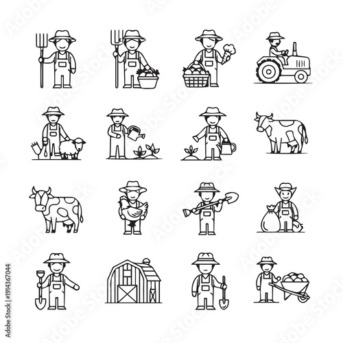 Farmer Icons Set: Agriculture, Livestock, and Farm Life in Simple Line Art