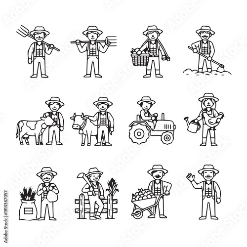 Farmer Icons Set: Agriculture, Livestock, and Farming Activities, Stock Illustration