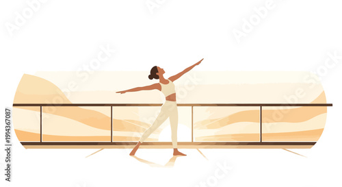 Woman in white sportswear doing yoga or dance on a balcony with abstract background