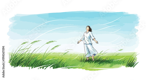 Woman in White Dress Embracing Nature in Green Field Under Blue Sky