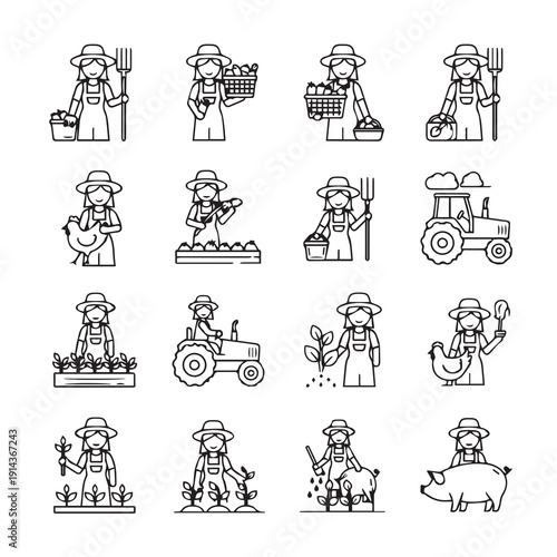 Female Farmer Icon Set: Agriculture and Livestock Activities, Vector Art