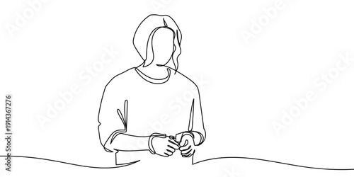 Single continuous line art style: A female prisoner is handcuffed. Line art Illustration Editable stroke.