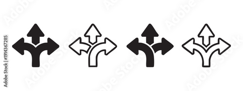 Vector icon set of black and white arrows diverging in three directions, representing choice, decision, or path, isolated on transparent background.