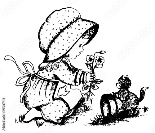 Whimsical girl with sunhat holding cat in garden surrounded by wildflowers and butterflies