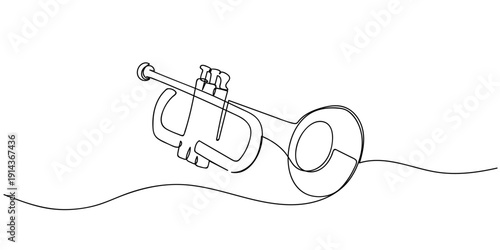 Single continuous line art style musical instrument: trumpet Line art Illustration Editable stroke.
