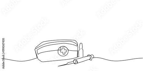 Single continuous line art style: Nurse's cap and syringe. Line art Illustration Editable stroke.