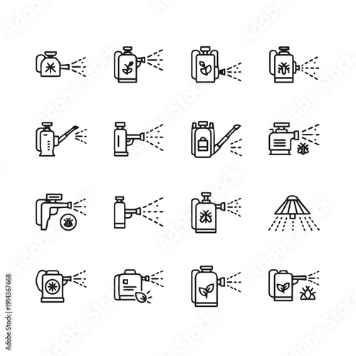 Gardening Sprayer Icons Set - Watering Cans and Pesticide Sprayers in Outline Style