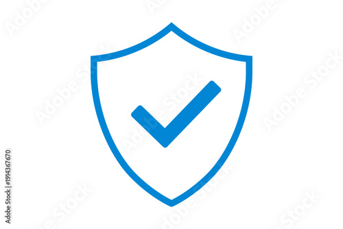 Blue safety shield symbol with check mark, certify checkmark shield badge element, security and protection symbol symbolizing approval, verification, trust