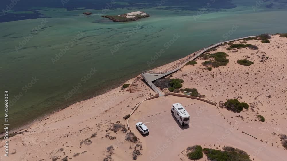 custom made wallpaper toronto digitalAerial shot of the Eagle Bluff Lookout boardwalk to a sandy cliff lookout overlooking clear turquoise Waters of Henri Freycinet Harbour, Denham, Francois Peron NP, Shark Bay, Western Australia.