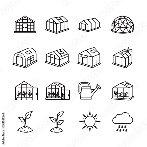 Greenhouse Icons Collection: Various Structures, Plants, Sun, Rain and Watering Can