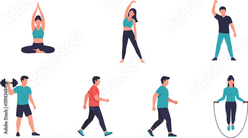 Fitness and exercise illustrations of various people