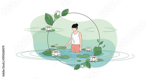 Woman in serene pond with water lilies, surrounded by floral circle