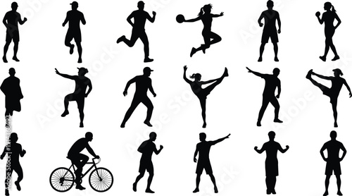 Collection of 16 black silhouettes depicting various sports and fitness activities