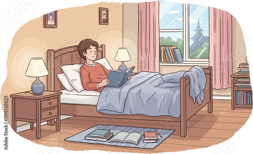 Woman sitting on bed in a cozy bedroom with a city view