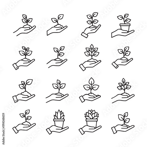 Hand Holding Sprout Icons Set - Growth, Nature, and New Beginnings - Stock Vector