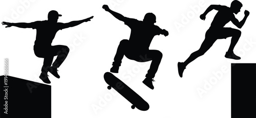 Silhouette of skateboarder performing tricks on obstacles