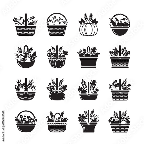 Harvest Baskets Assortment Icons - Fresh Fruits & Vegetables Collection