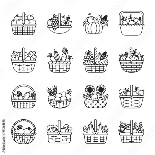 Harvest Baskets Collection: Assorted Fruits, Vegetables, and Gourds, Line Art Icons