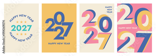 New Year 2027 typographic design set featuring modern retro aesthetics and creative abstract layouts for posters and social media, vector art