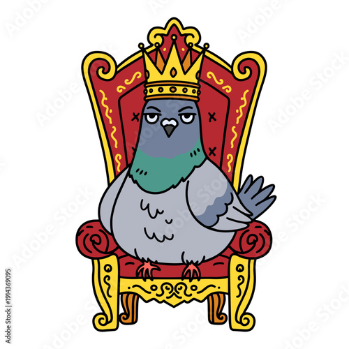 cartoon pigeon wearing a crown and sitting on a throne like a king funny illustration