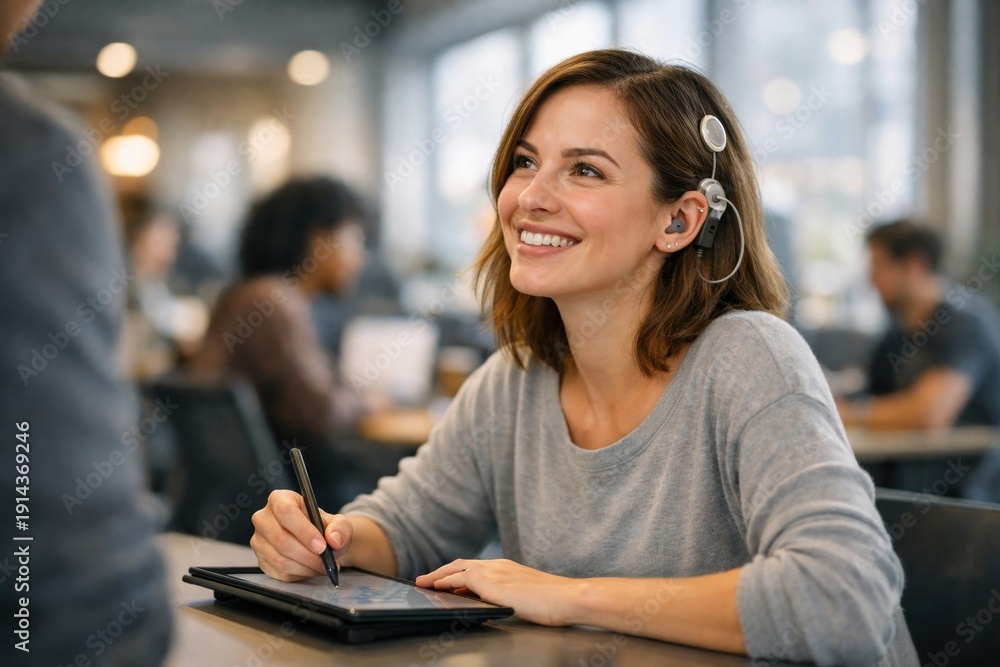 Fototapeta premium A young woman with a cochlear implant smiles while using a digital tablet and stylus. The setting is a bright modern office, conveying inclusion and positivity. Ideal for health and technology.