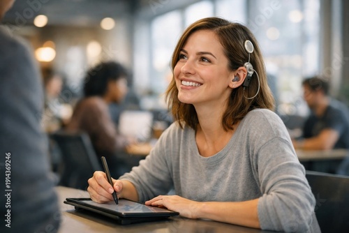 A young woman with a cochlear implant smiles while using a digital tablet and stylus. The setting is a bright modern office, conveying inclusion and positivity. Ideal for health and technology.