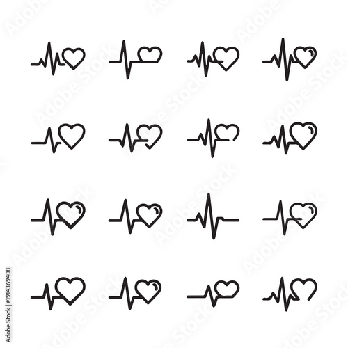 Heartbeat EKG Line Icons Set - Medical Healthcare Cardiology Symbols