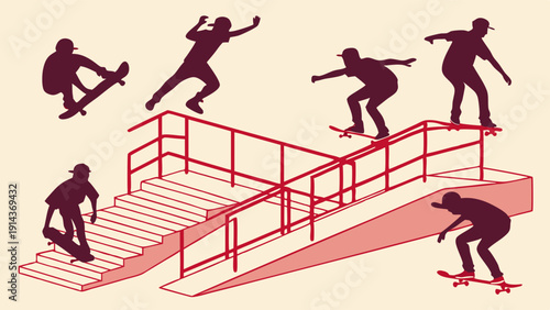 Skateboarder Silhouettes Performing Extreme Tricks on Stairs and Railings for Extreme Sports Web Design or Youth Culture Promotion