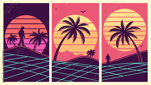 Retro Sunset Palm Trees Beach Horizon Grid Landscape for Vaporwave Web Design Summer Travel Promotion Background