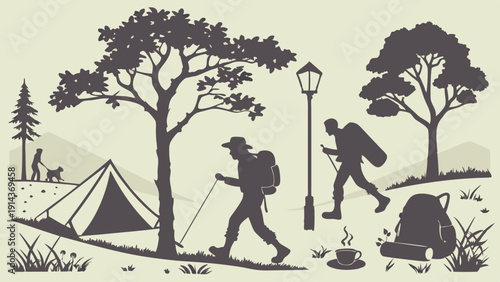 Silhouette Hikers Trekking with Backpacks Camping Outdoors for Travel Adventure Web Design and Outdoor Gear Promotion