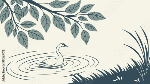 Serene Swan Gliding on Pond Water Ripples Under Lush Tree Leaves Perfect for Nature Calmness and Eco Branding
