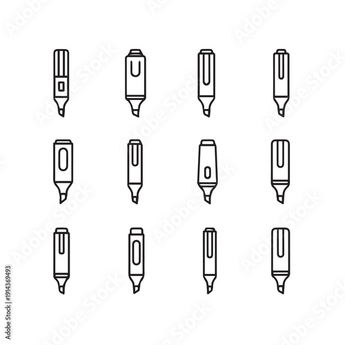 Highlighter Pen Icons Collection, Line Art Drawing of Various Marker Pens for Design