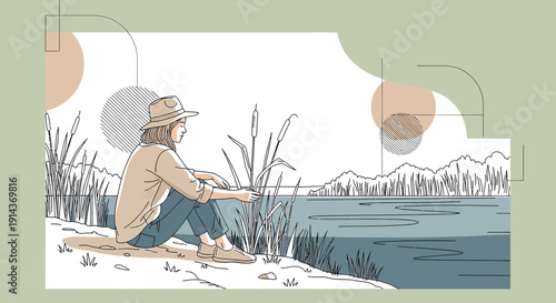 Woman in hat by lake, contemplative mood, nature landscape illustration