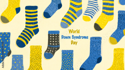 Background a card with an image of unpaired different socks for World Down Syndrome Day