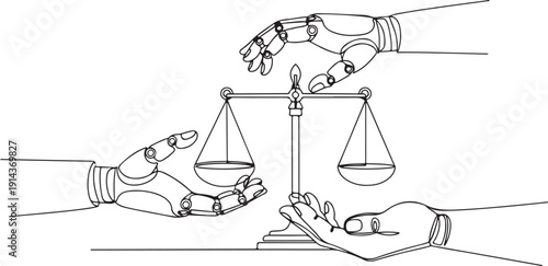 A robotic hand and a human hand balancing scales representing AI ethics