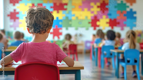 A child sits at a school desk in a classroom at a specialized school for children with autism spectrum disorders