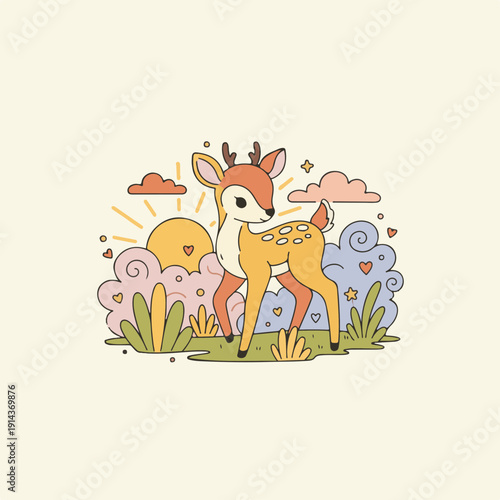 Sticker style fawn standing in floral meadow with rising sun and fluffy clouds in whimsical children's illustration