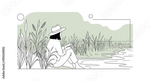 Woman in Hat Sitting by Water Amidst Reeds, Minimalist Nature Scene