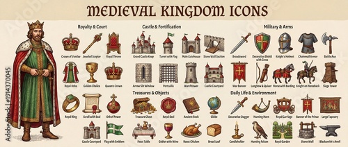 Wallpaper Mural Medieval kingdom icons showcase a vibrant world of royalty, knights, and treasures in an enchanting historical fantasy scene Torontodigital.ca