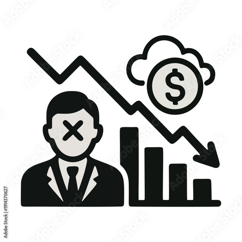 a business failure icon, showcasing a businessman with an "X" mark over his face, symbolizing personal or professional defeat. 